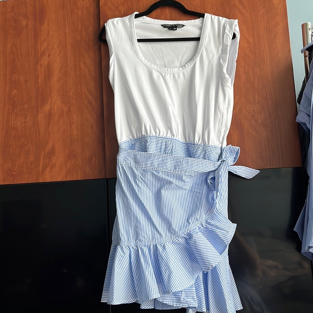 Veronica Beard White Top with Blue Striped Wrap Skirt Dress